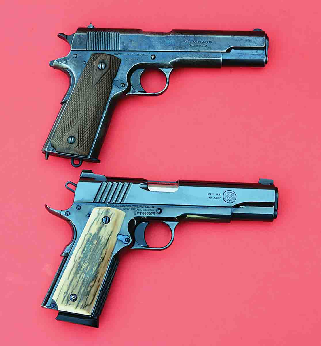 The Standard Manufacturing Model 1911 (bottom) is an advanced version of Colt’s original Model 1911 (top), with this commercial sample being manufactured in 1914.
